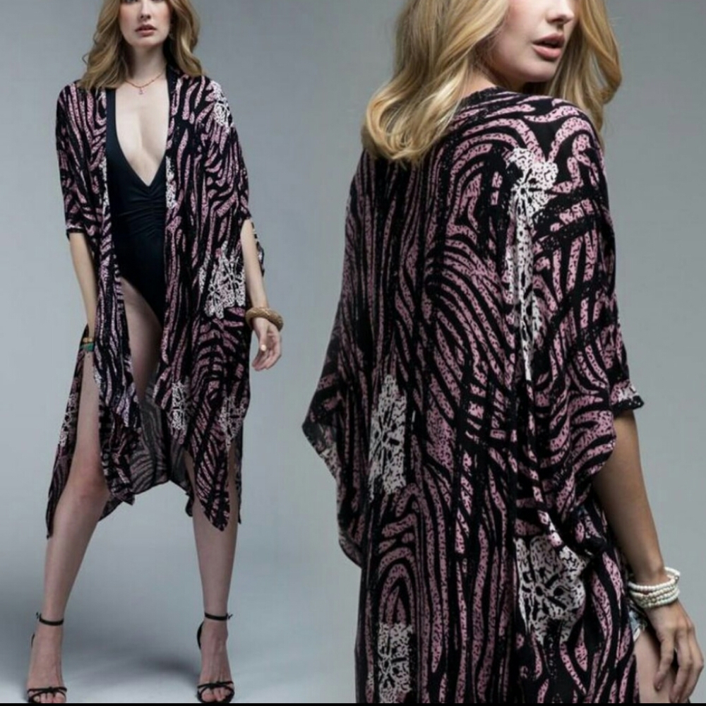 Ruggine Zebra Floral Boho Open Kimono Beach Coverup Shawl Duster